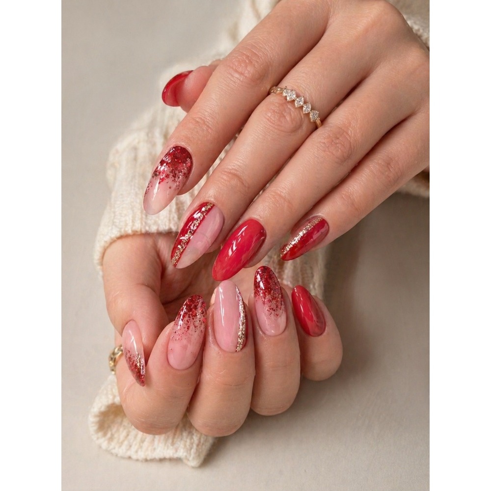 Red and Pink Glitter Ombre Almond Press On Nails Set Glossy Gold Stripe Design